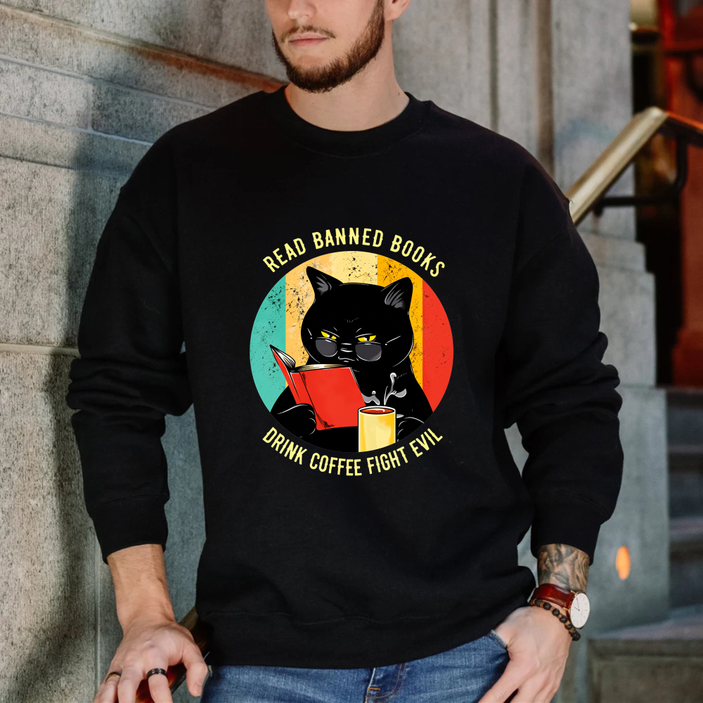 Wardrobecart Black Cat Reading Book With Coffee And Banned Books Text Unisex Classic Sweatshirt
