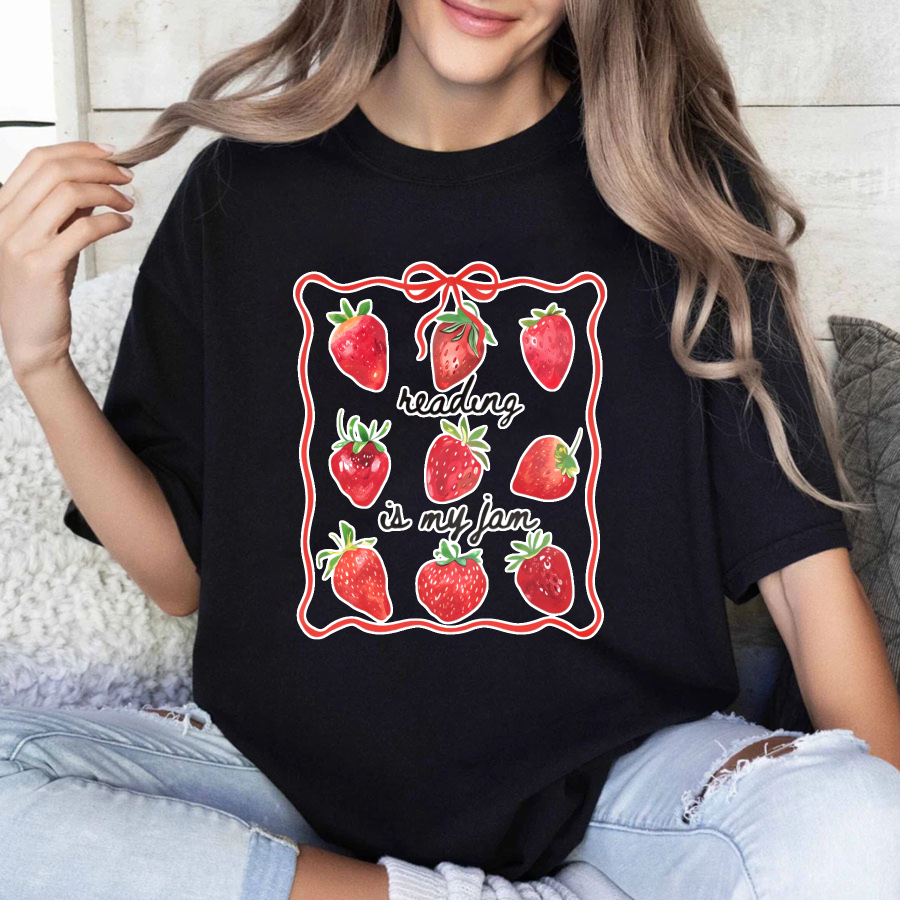 Wardrobecart Strawberries Framed With Reading Is My Jam Text Tshirt