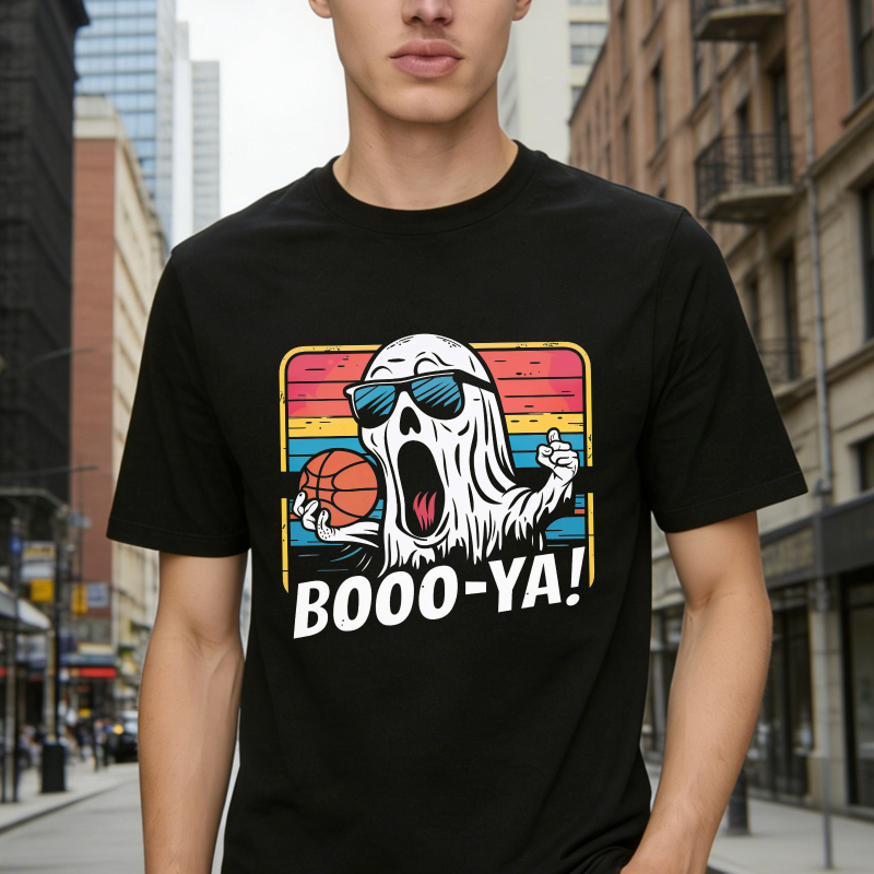 Ghost Holding Basketball With Sunglasses And Booo Ya Text Retro Sunset Unisex Classic T-shirt