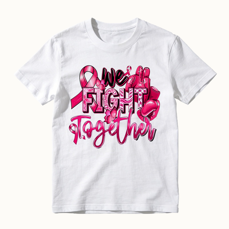 We Fight Together Pink Ribbon Boxing Gloves Print T-Shirt, Breast Cancer Awareness Support Shirt