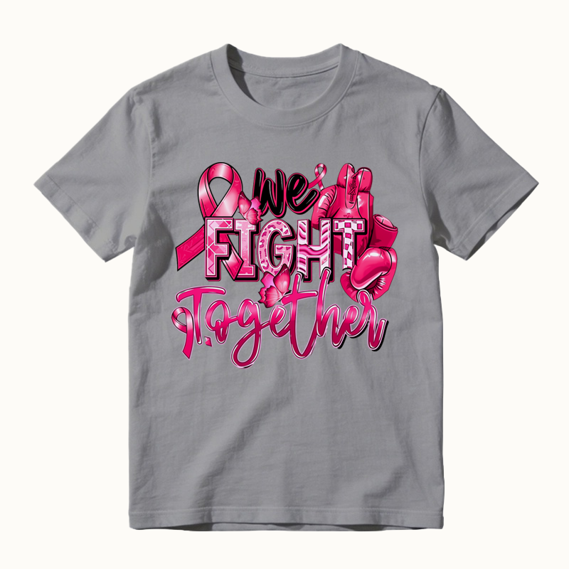 We Fight Together Pink Ribbon Boxing Gloves Print T-Shirt, Breast Cancer Awareness Support Shirt
