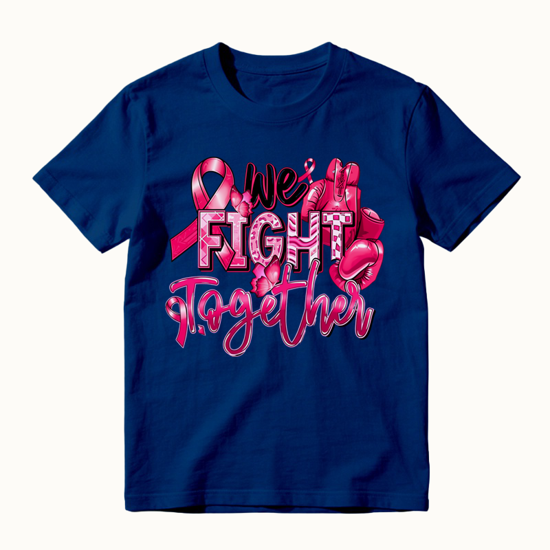 We Fight Together Pink Ribbon Boxing Gloves Print T-Shirt, Breast Cancer Awareness Support Shirt