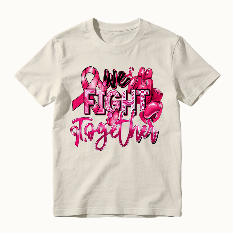 We Fight Together Pink Ribbon Boxing Gloves Print T-Shirt, Breast Cancer Awareness Support Shirt