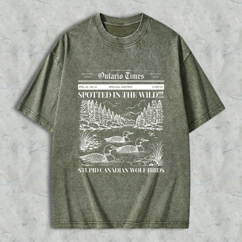 Wardrobecart Duck Scene With Trees And Mountains Spotted In The Wild Stupid Canadian Wolf Birds Ontario Times Newspaper Style Graphic Unisex Washed T-shirt