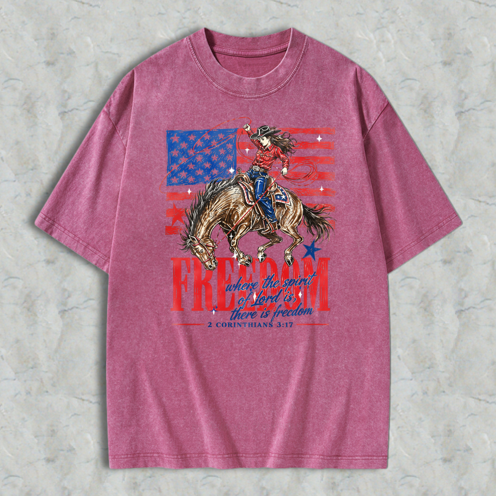 American Flag Cowboy Riding Horse Freedom Washed T-shirt