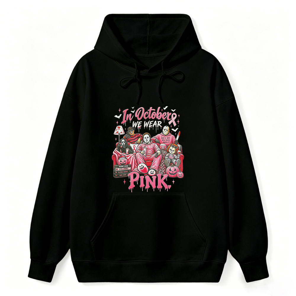 In October We Wear Pink Horror Movie Characters Print Breast Cancer Awareness Graphic Hoodie