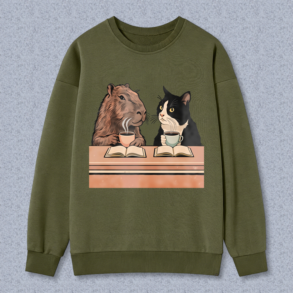 Wardrobecart Capybara And Cat Reading Books With Tea Unisex Classic Sweatshirt