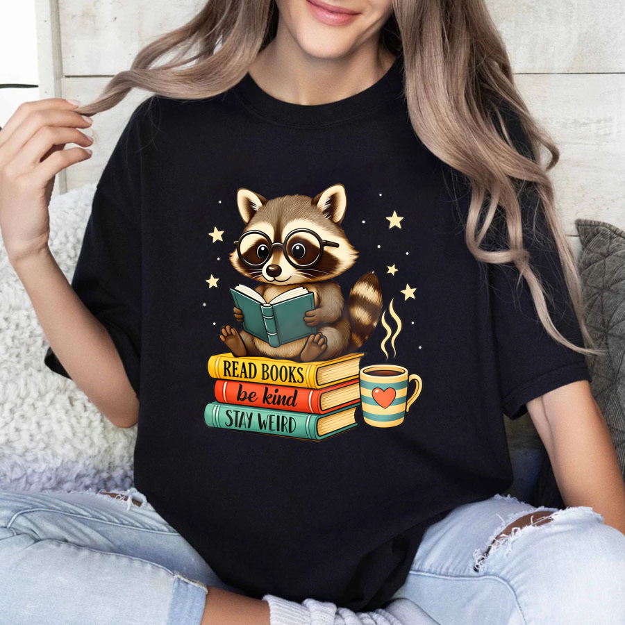 Wardrobecart Raccoon Reading Books With Coffee And Stars Tshirt
