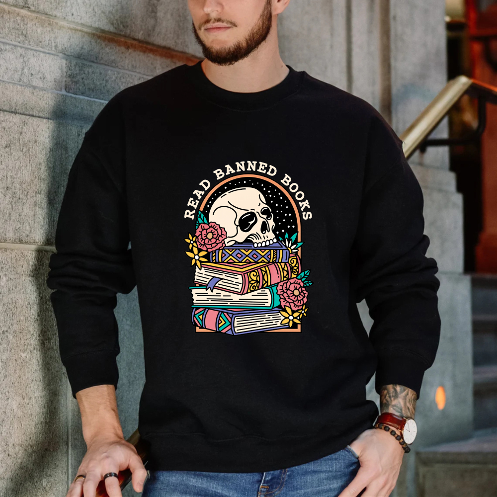 Wardrobecart Skull And Books With Flowers Pattern Unisex Classic Sweatshirt