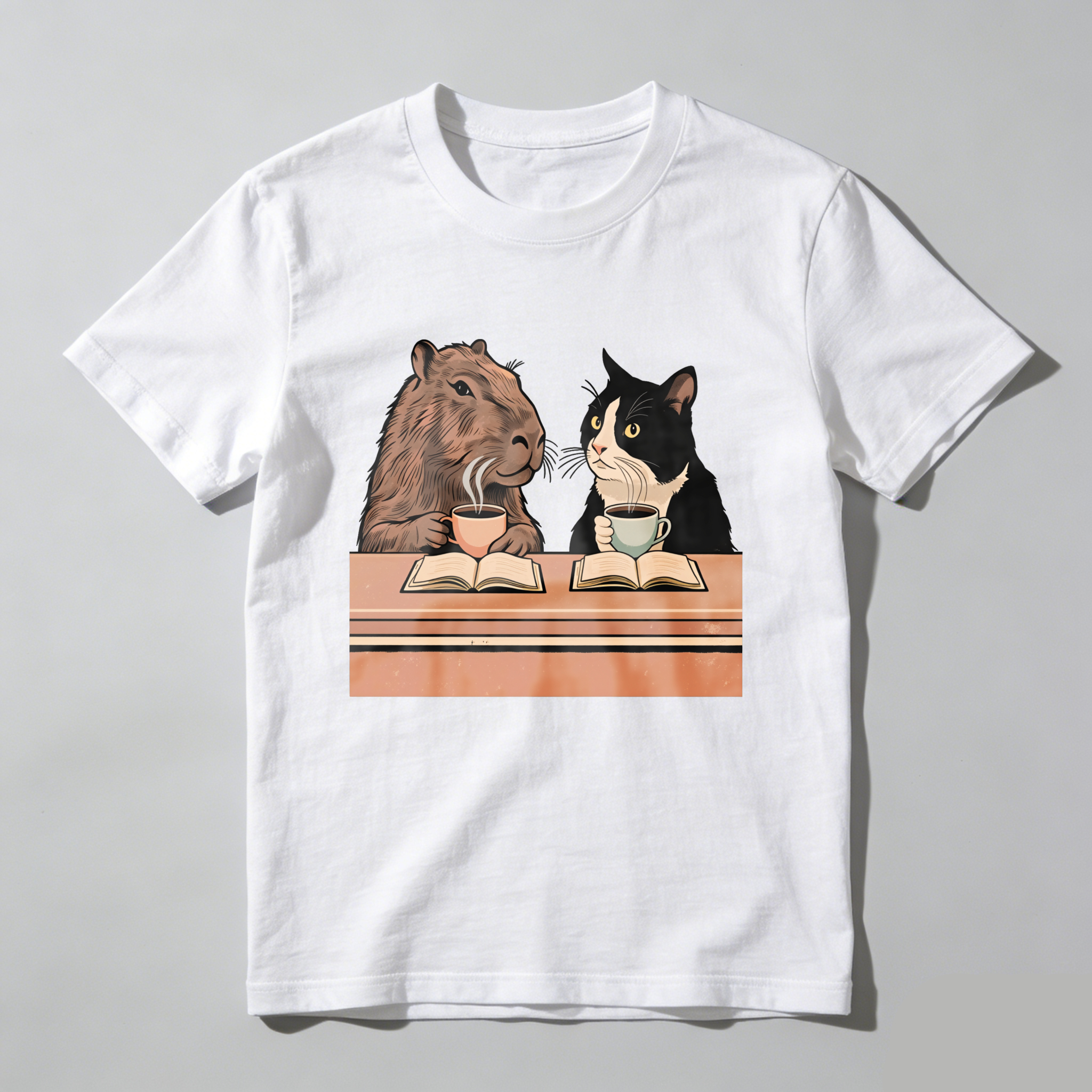 Wardrobecart Capybara And Cat Reading Books With Tea Tshirt
