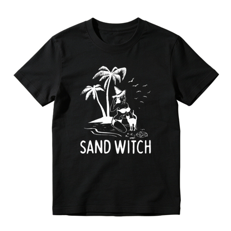 Sand Witch Palm Tree Cat Silhouette Funny Pun Graphic T-shirt