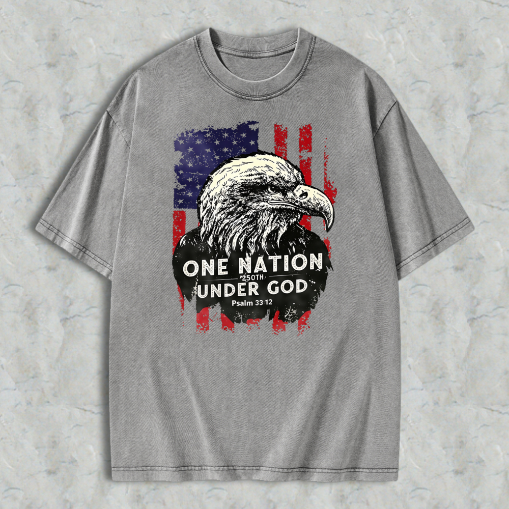 Eagle And American Flag With One Nation Under God Text Washed T-shirt