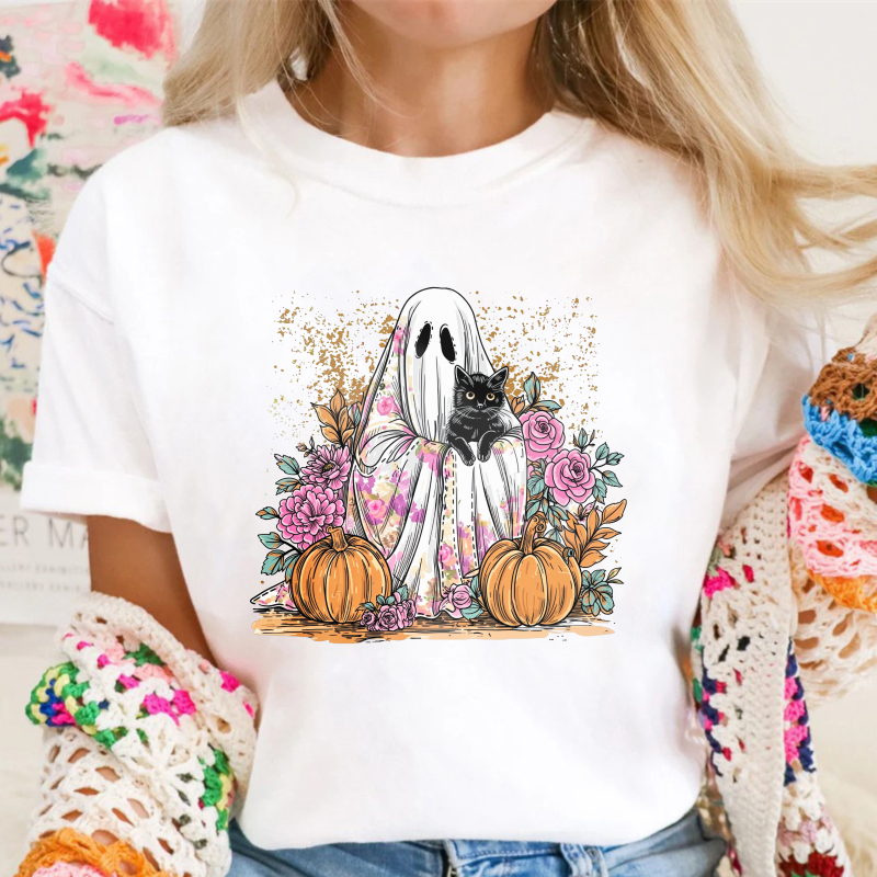 Ghost Holding Black Cat With Pumpkins And Roses, Unisex Classic T-shirt