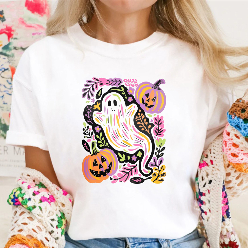 Cute Ghost And Pumpkin Halloween Floral Pattern, Unisex Classic T-shirt