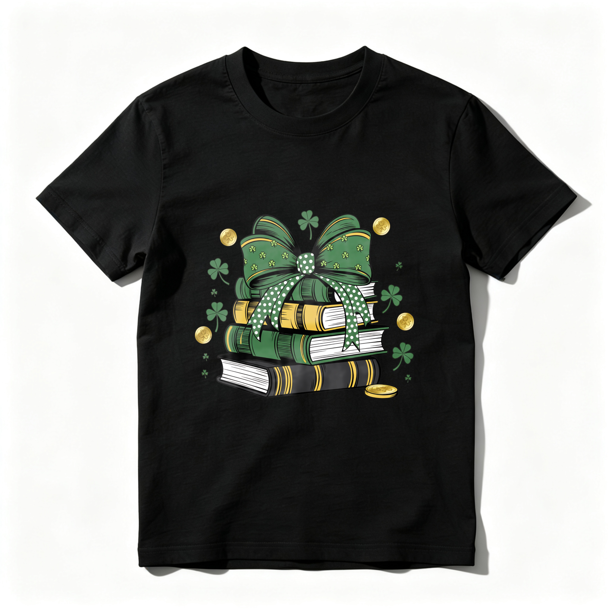 Wardrobecart Green Bow Books Clover Gold Coins tshirt