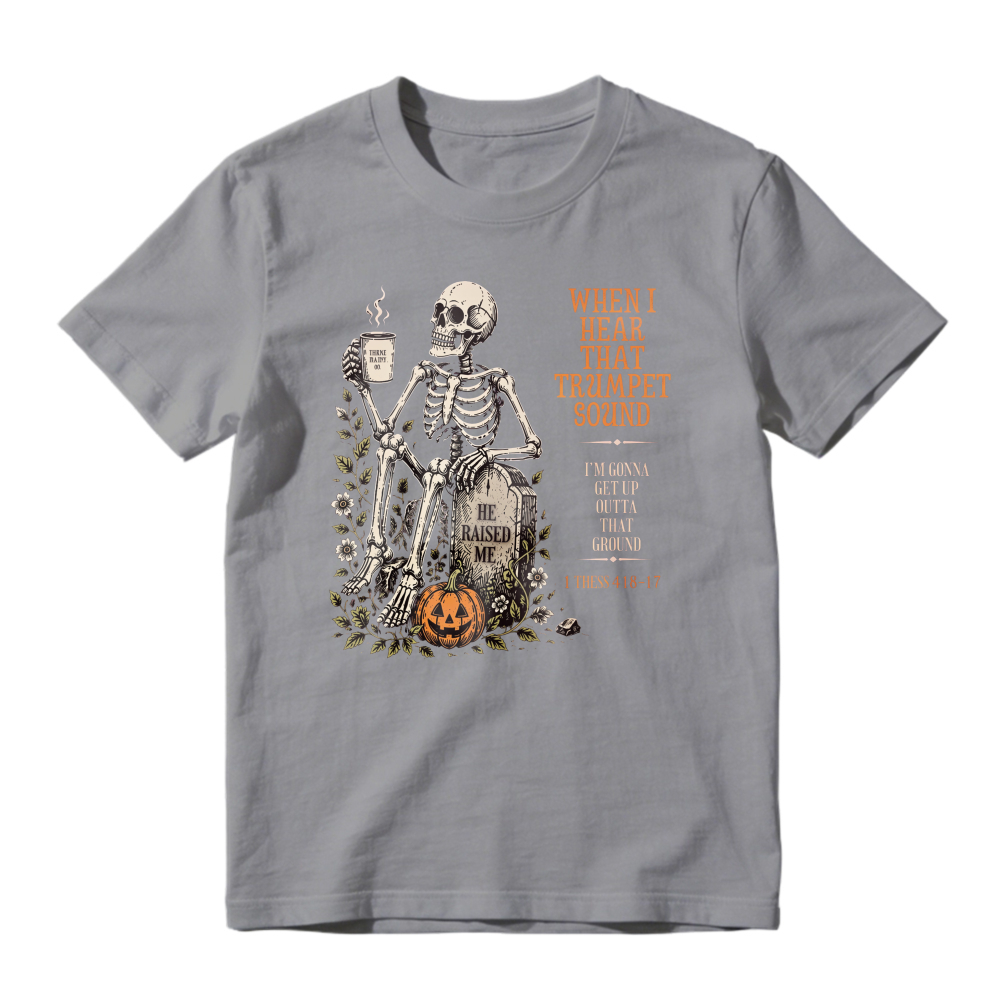 Skeleton Sitting On Tombstone With Coffee Cup And Pumpkin Halloween Humor Unisex Classic T Shirt