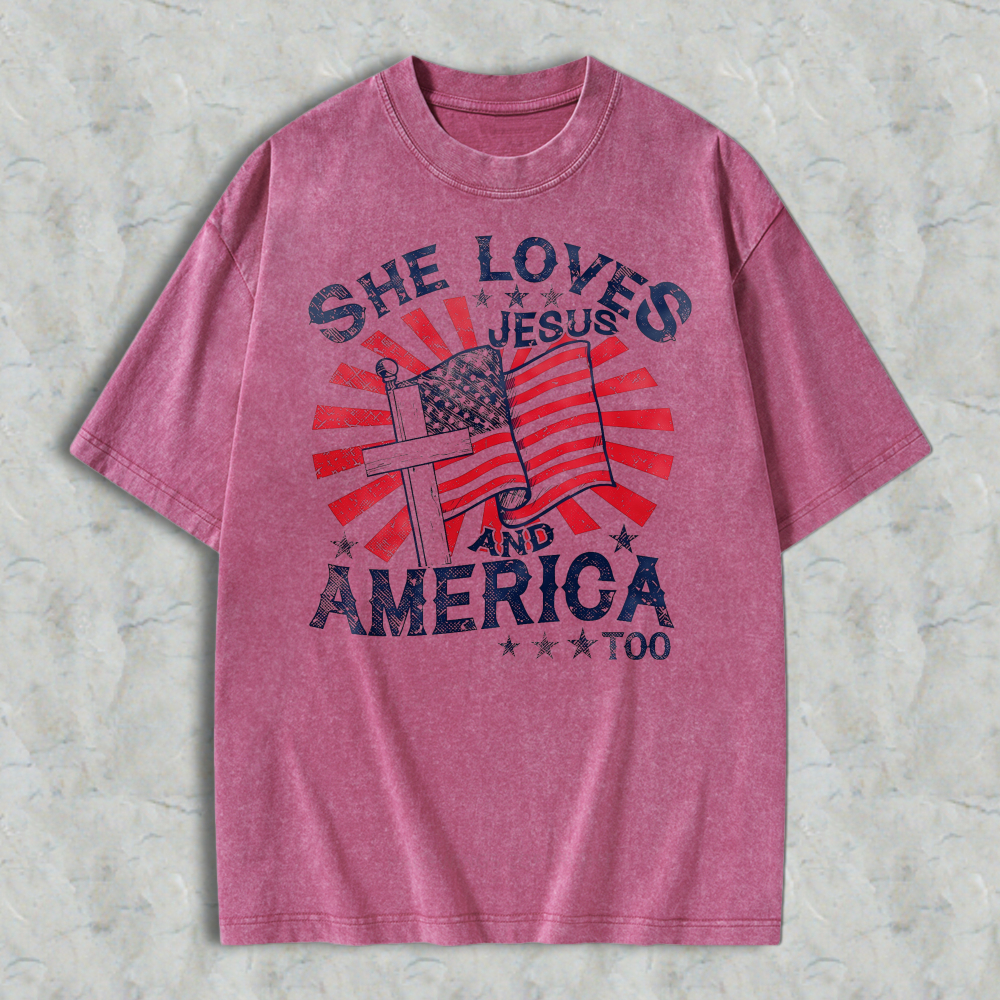 She Loves Jesus And America Too Flag Cross Design Washed T-shirt