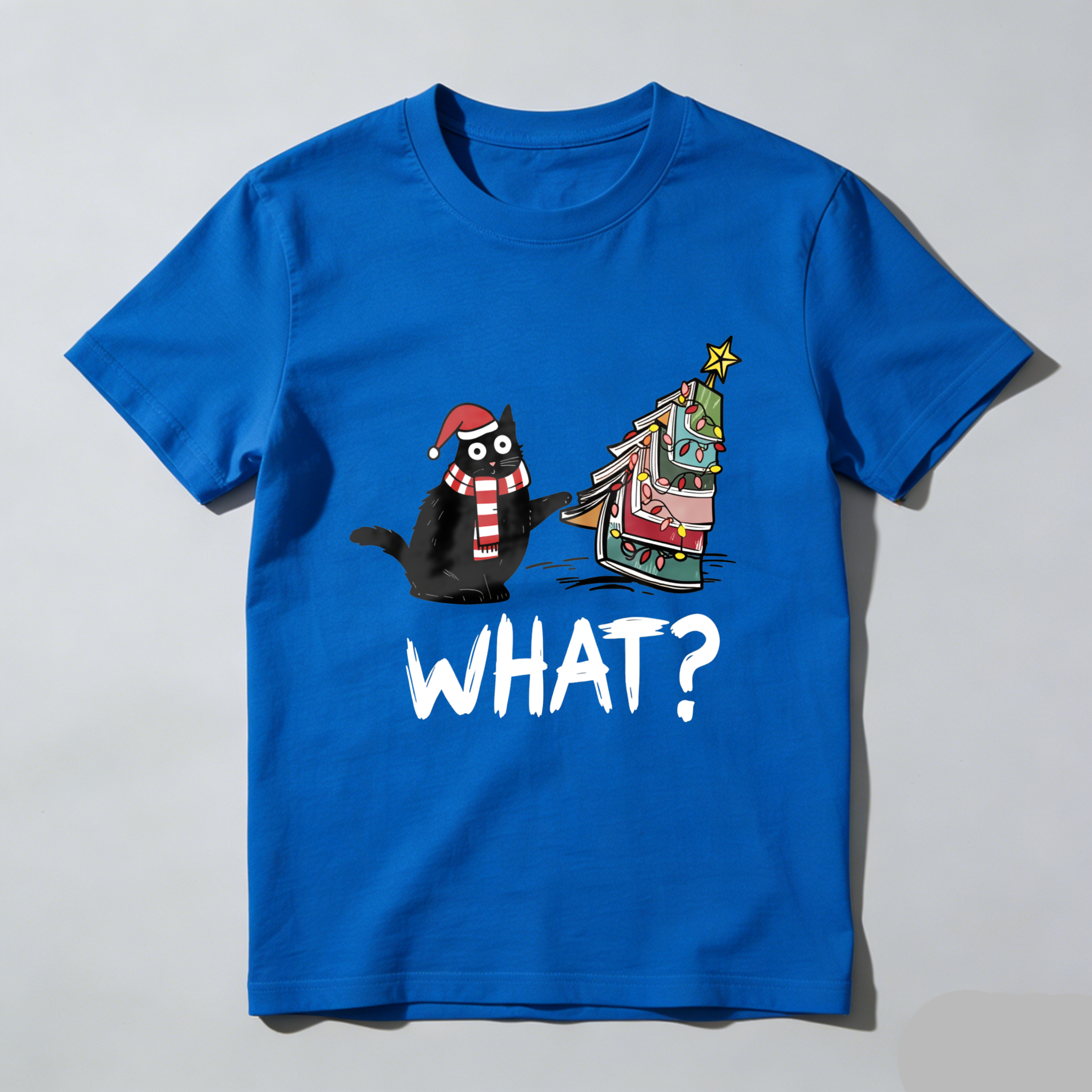 Wardrobecart Cat Wearing Santa Hat And Scarf   Christmas Tree Made Of Books   What Question Mark Below Tshirt