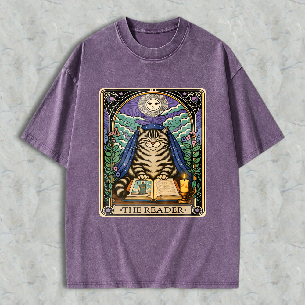 Wardrobecart Cat Reading Book Tarot Card The Reader Unisex Washed T-shirt