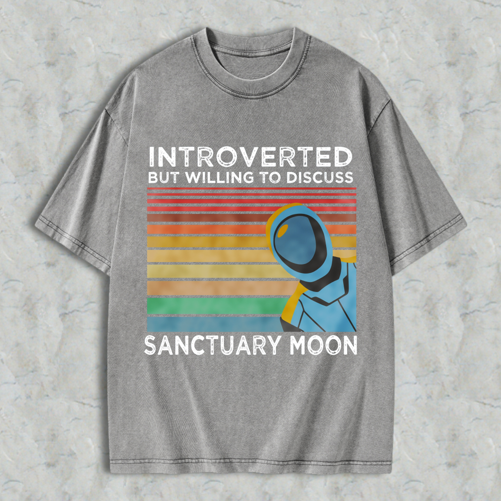 Wardrobecart Introverted But Willing To Discuss Sanctuary Moon Astronaut Vintage Rainbow Design Unisex Washed T-shirt