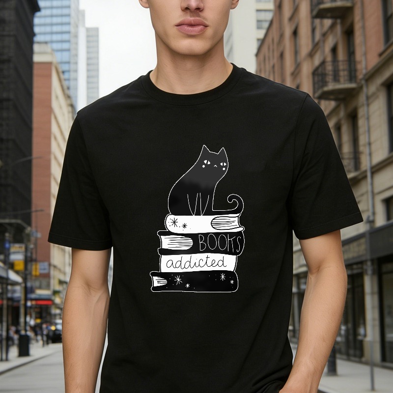 Cat Sitting On Stack Of Books With Books Addicted Text, Unisex Classic T-shirt