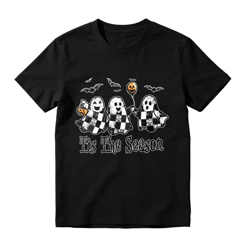 Halloween Ghosts With Checkered Pattern And Bats Tis The Season, Unisex Classic T-shirt