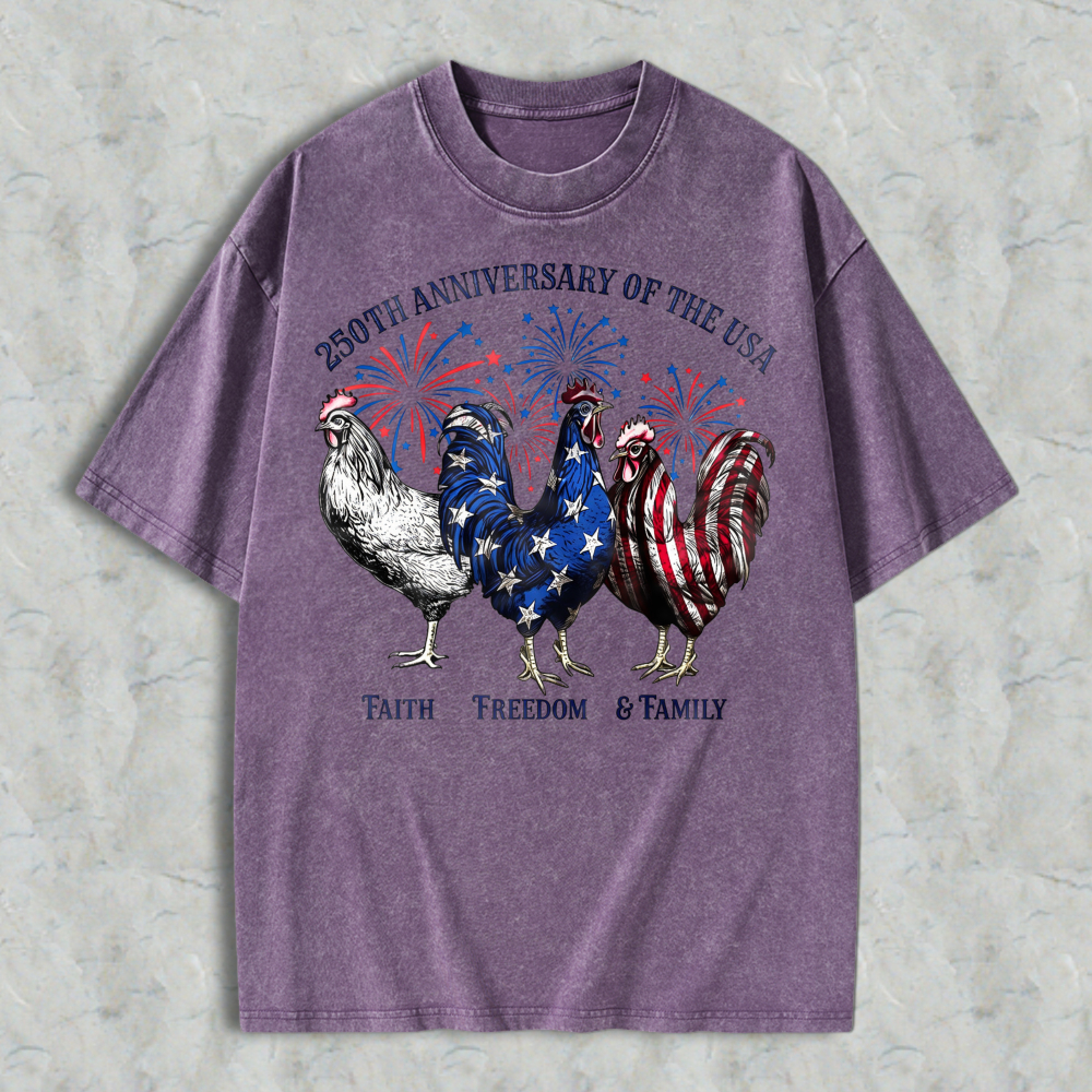 Patriotic Roosters With American Flag And Fireworks 250th Anniversary Of The Usa Washed T-shirt