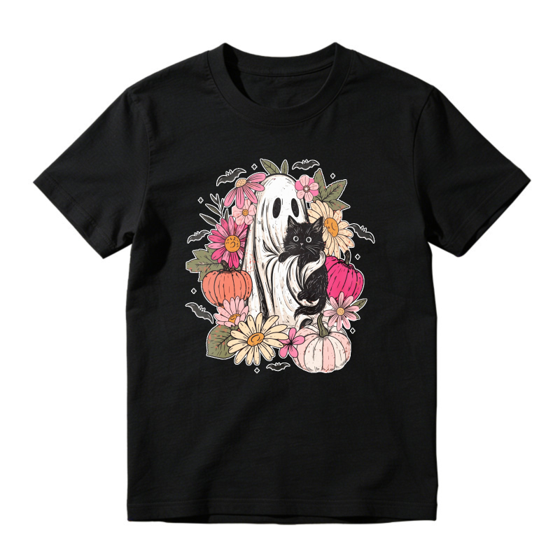 Cute Ghost And Black Cat With Autumn Flowers And Pumpkins Halloween Design, Unisex Classic T-shirt