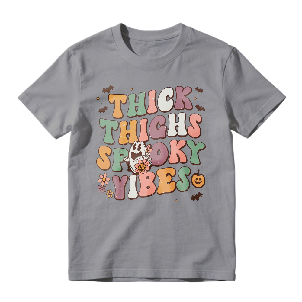 Thick Thighs Spooky Vibes Retro Halloween Ghost Pumpkin Bat Floral Graphic, Unisex Classic T-shirt