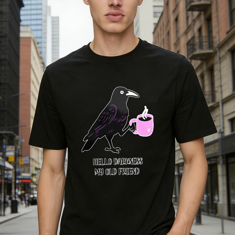 Black Crow Holding Pink Coffee Mug, Hello Darkness My Old Friend Quote, Unisex Classic T-shirt
