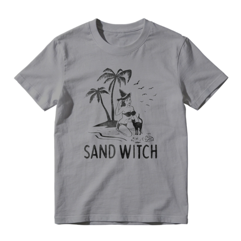 Sand Witch Palm Tree Cat Silhouette Funny Pun Graphic T-shirt