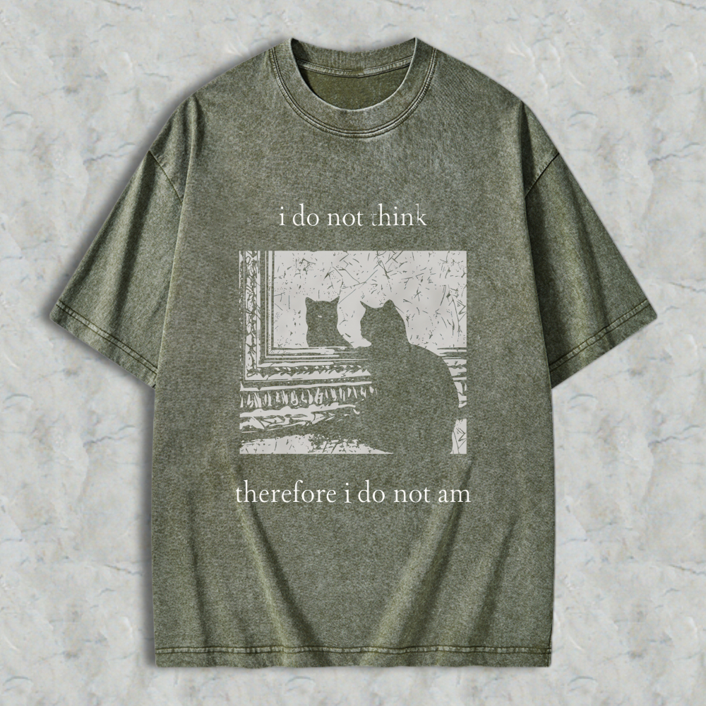 Wardrobecart Cat Silhouette Window Scene I Do Not Think Therefore I Do Not Am Unisex Washed T-shirt