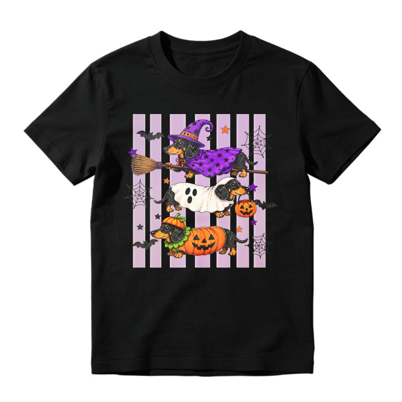 Halloween Dachshund Witch Ghost Pumpkin Dog Striped Background, Unisex Classic T-shirt