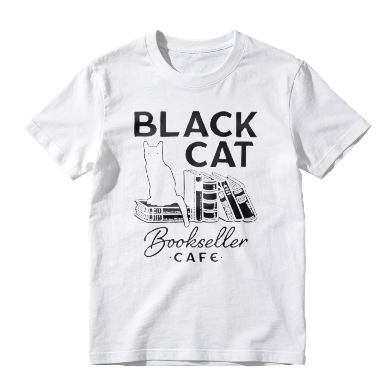 Black Cat Bookseller Cafe Silhouette With Stacked Books Vintage Literary Design T-shirt