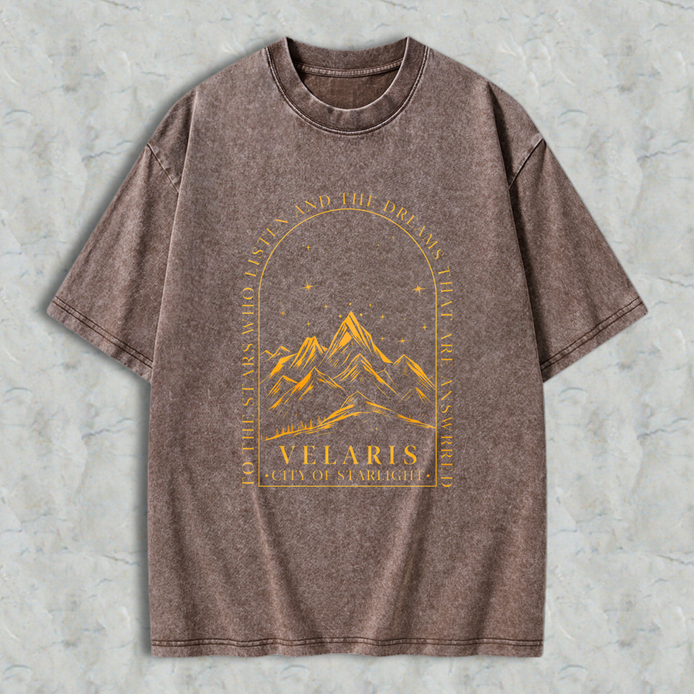 Wardrobecart Mountain Landscape With Stars And Text Velaris City Of Starlight Unisex Washed T-shirt