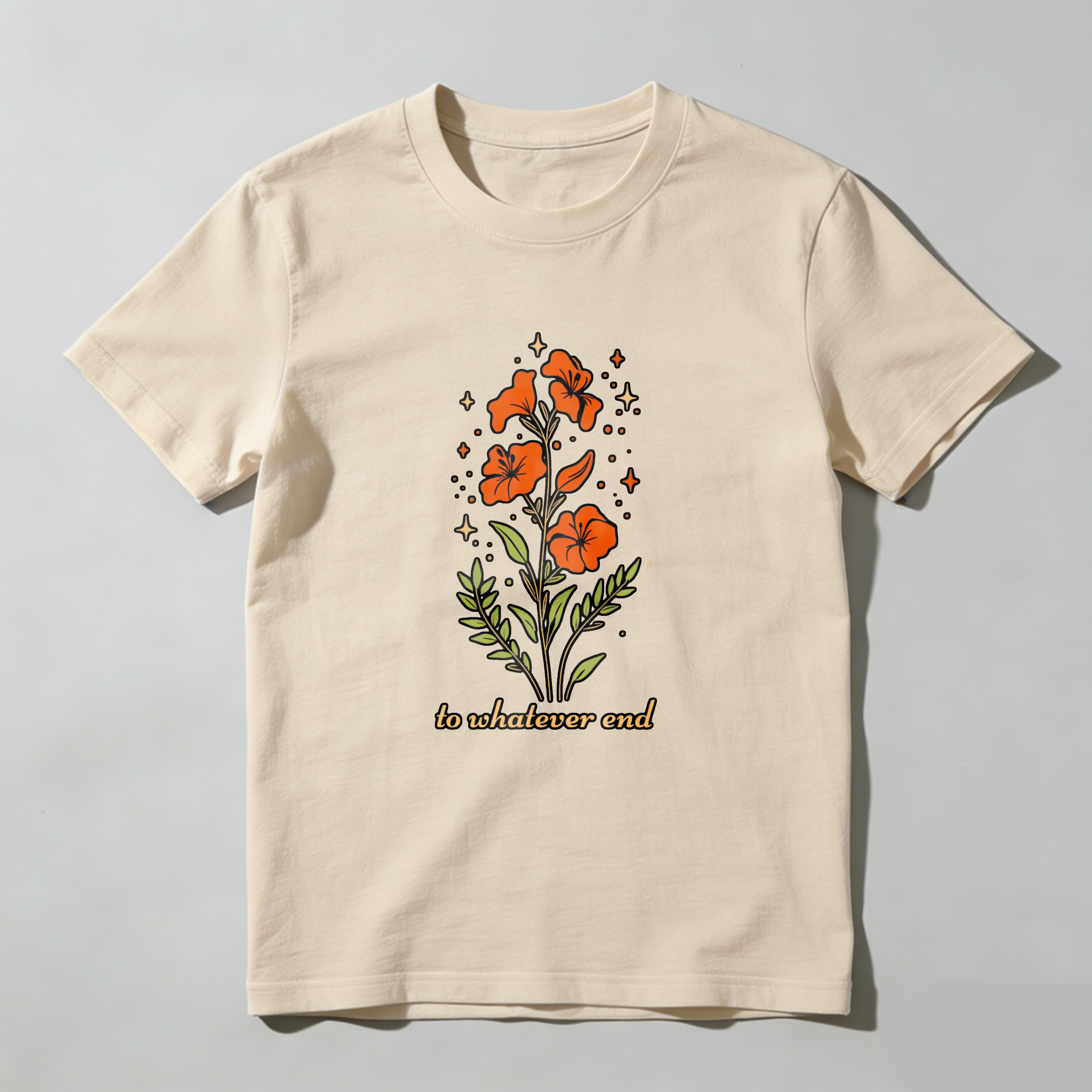Wardrobecart Orange Flowers With Green Leaves And Stars tshirt