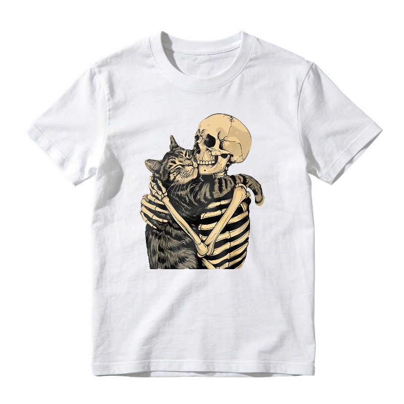 Skeleton Hugging Tabby Cat Vintage Illustration, Unisex Classic T-shirt