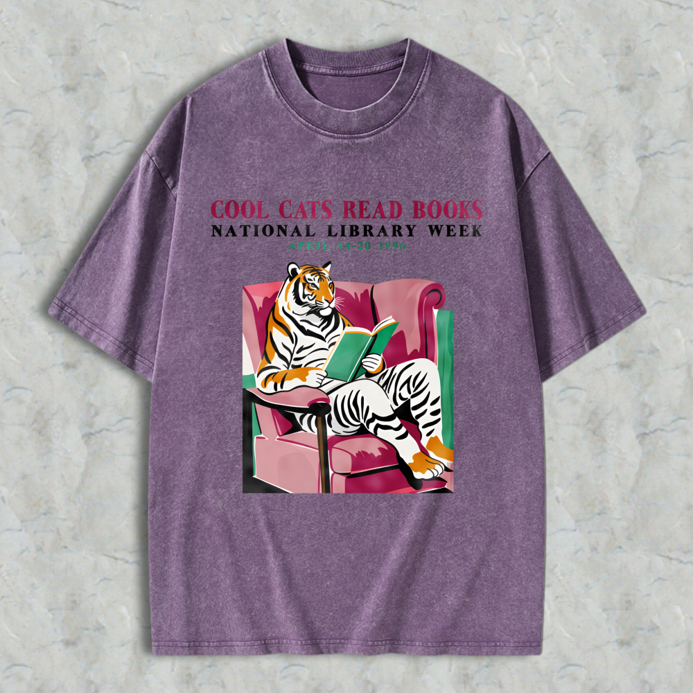 Wardrobecart Tiger Reading Book On Couch Cool Cats Read Books Unisex Washed T-shirt