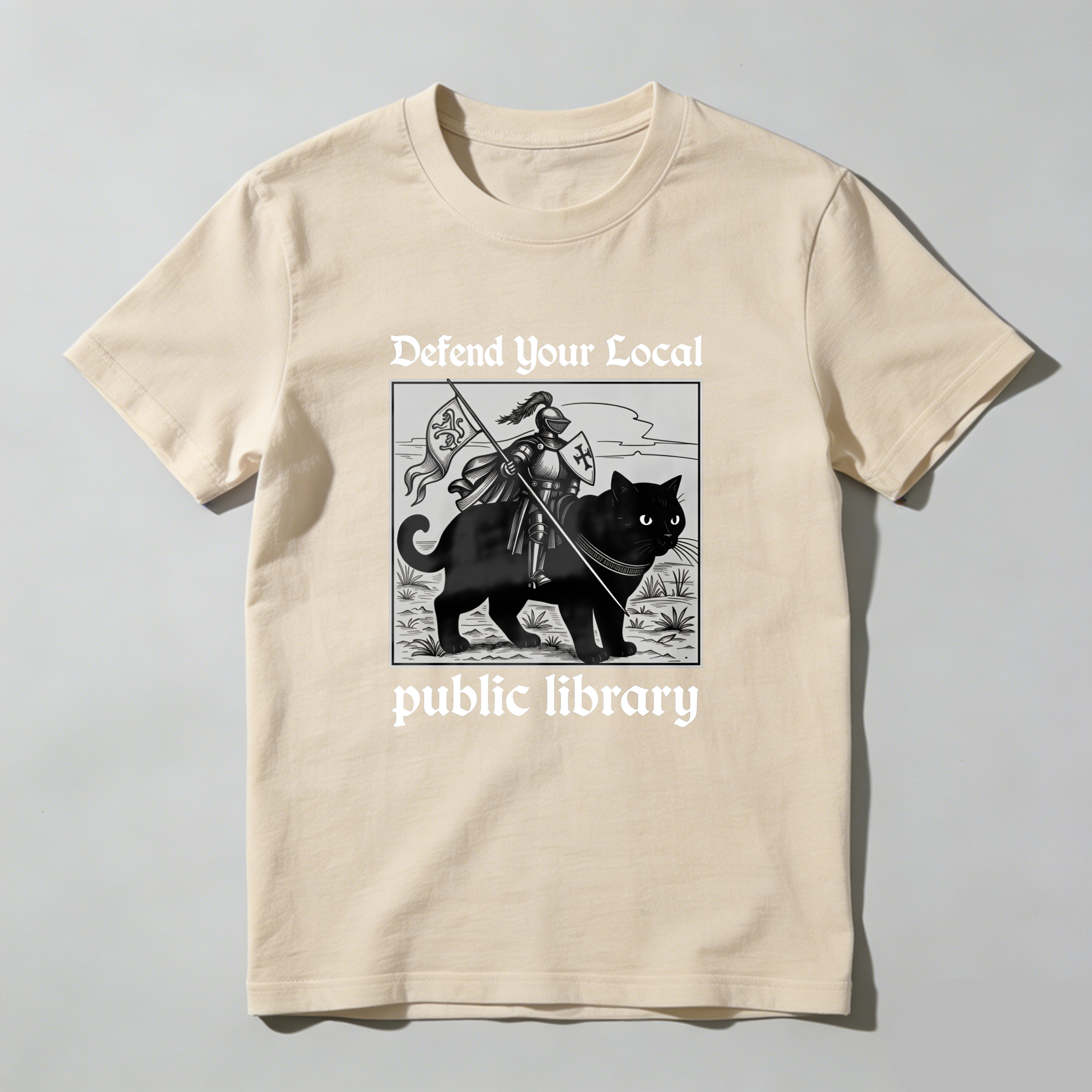 Wardrobecart Defend Your Local Public Library Cat Knight tshirt
