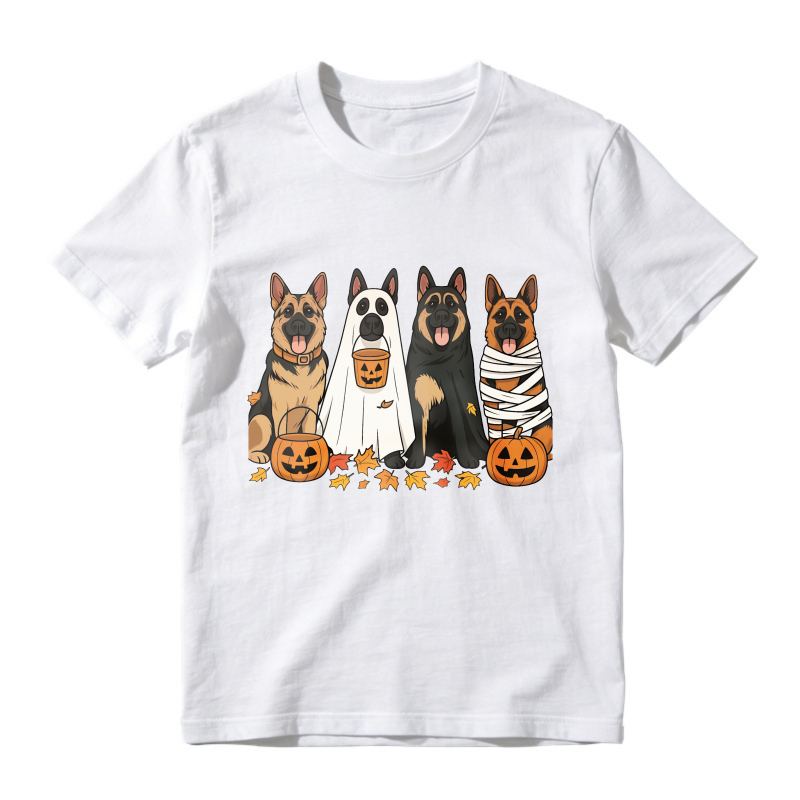 Halloween German Shepherd Dogs In Costumes With Pumpkins And Autumn Leaves, Unisex Classic T-shirt