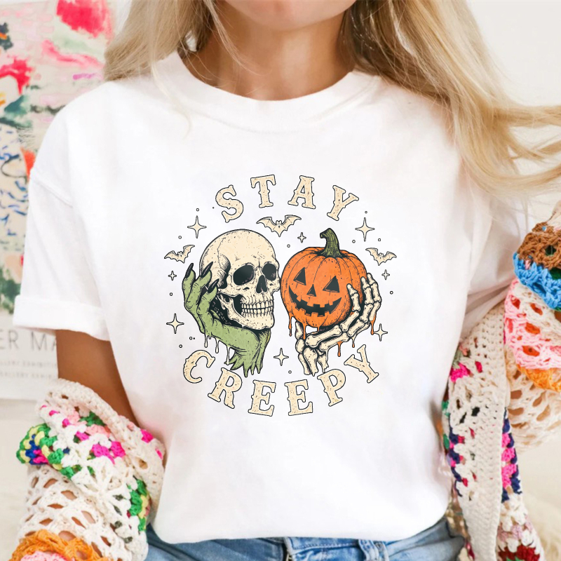 Stay Creepy Skeleton Hand Holding Pumpkin Halloween Graphic, Unisex Classic T-shirt