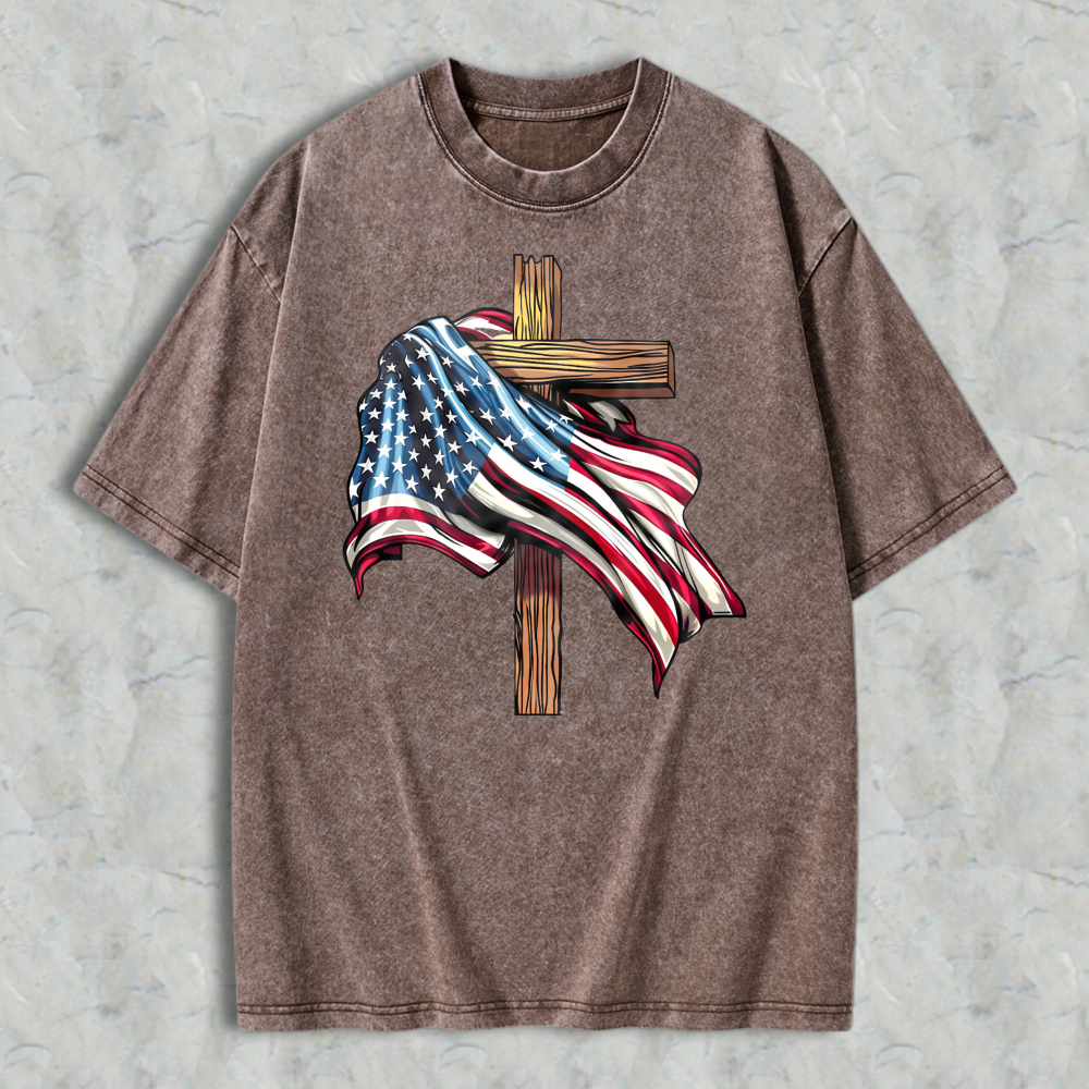 American Flag And Cross Design Washed T-shirt
