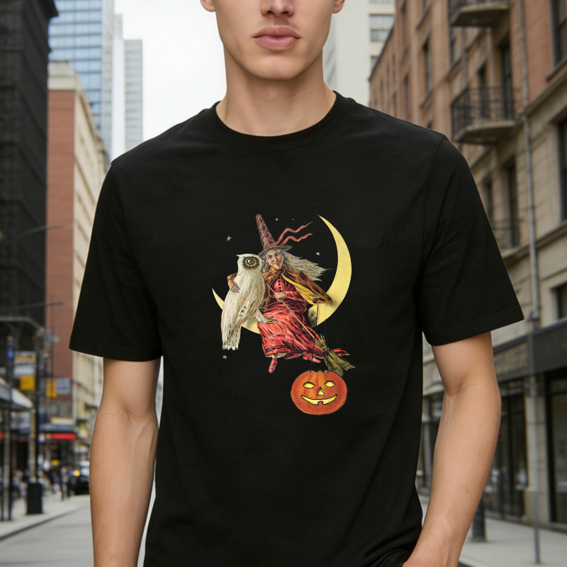Witch Flying On Broomstick With Owl And Pumpkin Moon Halloween Unisex Classic T-shirt