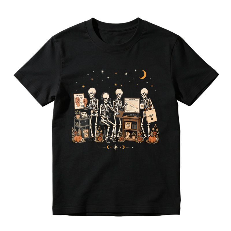 Skeletons Working At Desk With Computers And Pumpkins Under Moon And Stars Unisex Classic T-shirt