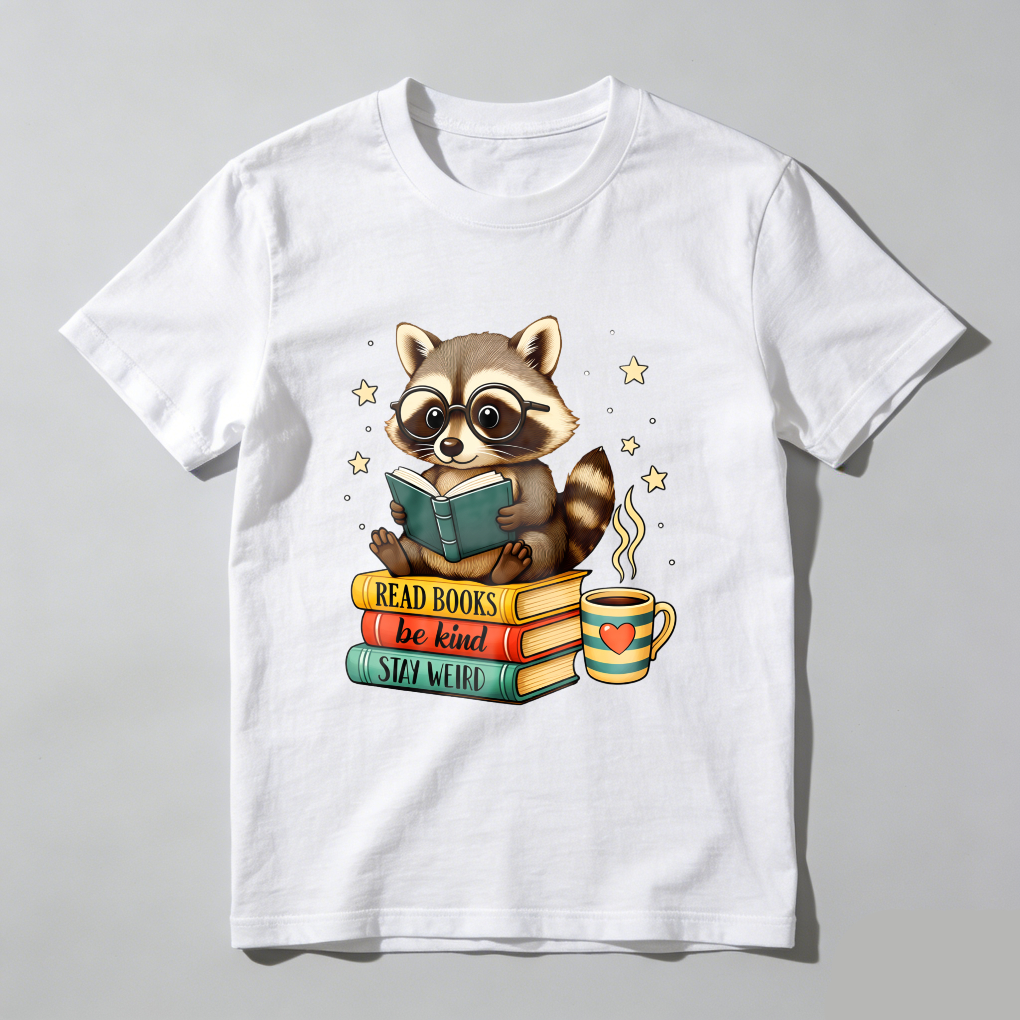 Wardrobecart Raccoon Reading Books With Coffee And Stars Tshirt