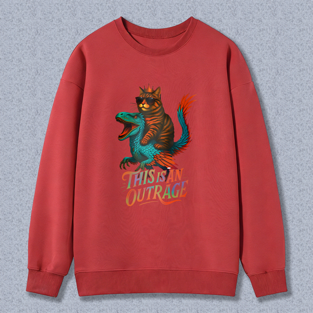 Wardrobecart Cat Riding Dinosaur This Is An Outrage Unisex Classic Sweatshirt
