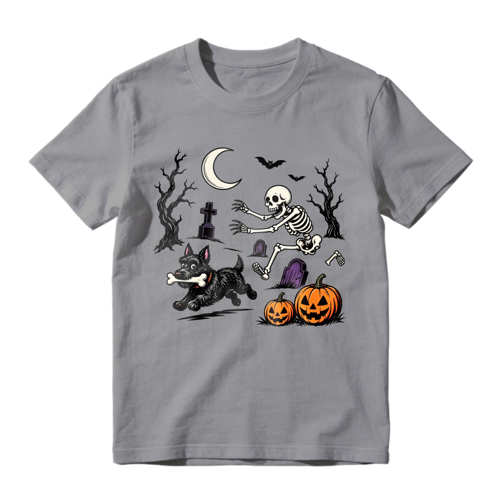 Halloween Skeleton Running With Black Dog And Pumpkins Graveyard Scene, Unisex Classic T-shirt
