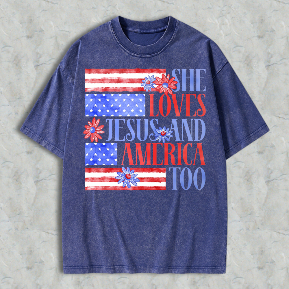 She Loves Jesus And America Too Patriotic Flag Floral Design Washed T-shirt