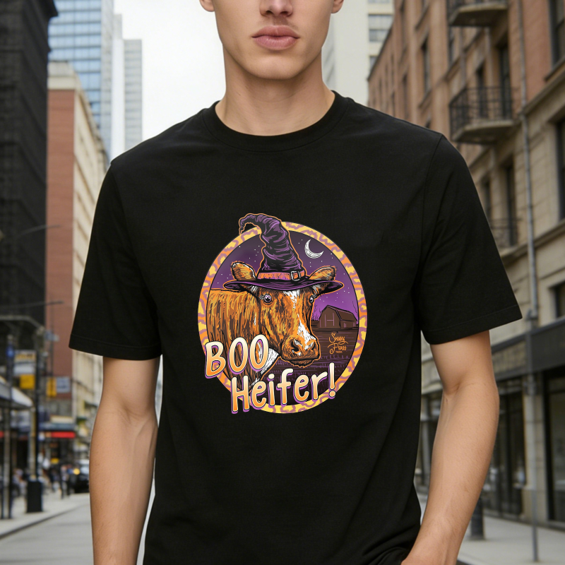 Boo Heifer Halloween Cow Witch Hat Moon Retro Circle Unisex Classic T-shirt