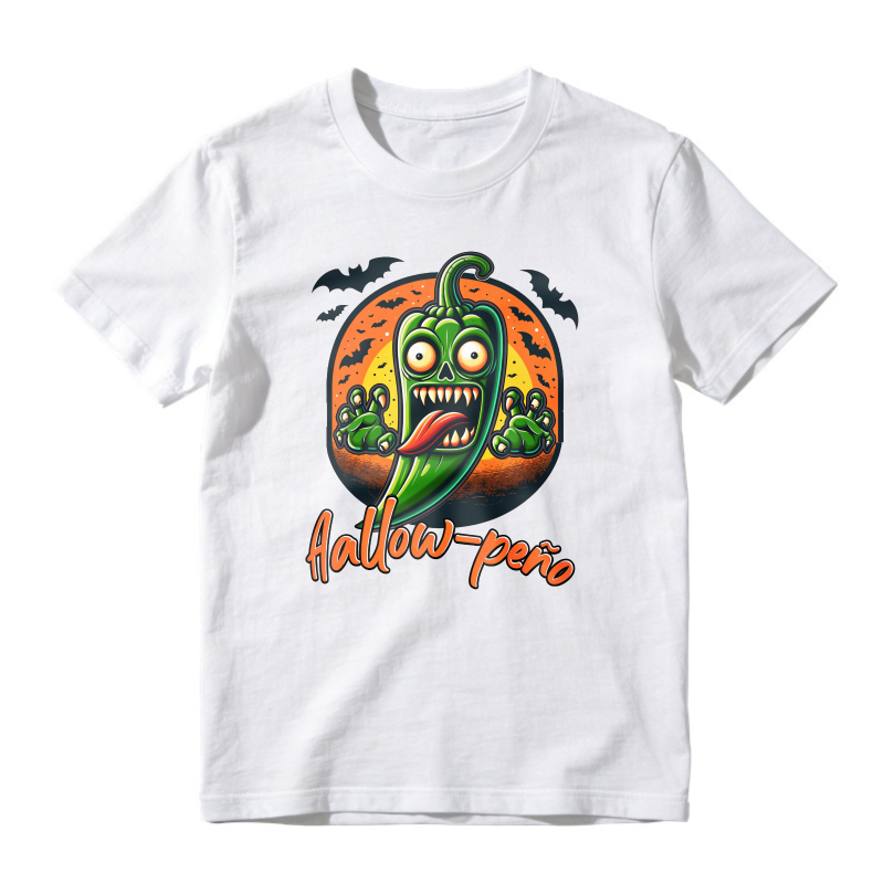 Halloween Funny Scary Green Chili Pepper With Zombie Hands And Bats Moon Background Hallow Peno Pun Unisex Classic T-shirt